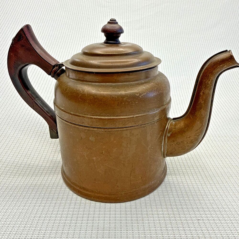 Vintage Copper Coated Tea Kettle Wooden Handle and Finial Hinged Lid Decorative